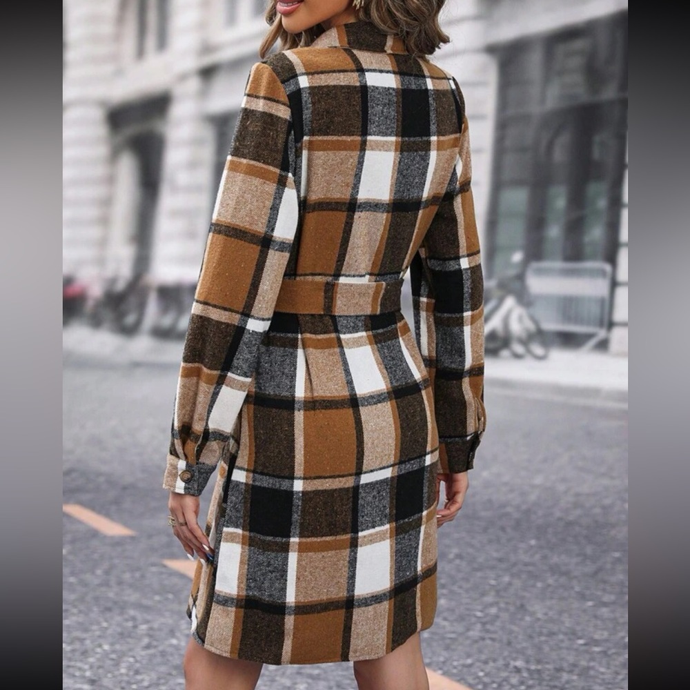 Classic Elegant Plaid Check Print Shirt Belted Dress - Picture 2 of 6